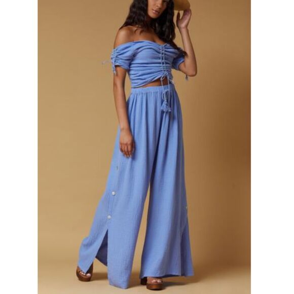 Blue Wide Leg Cotton Pants - Picture 1 of 6